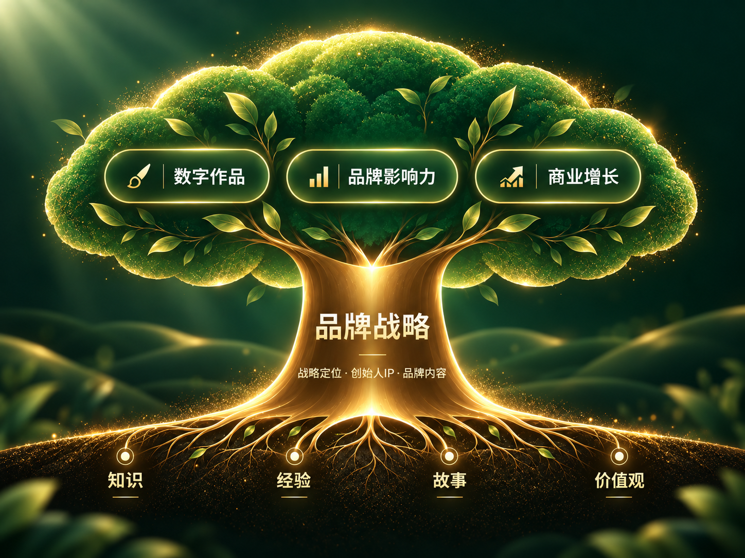 品牌战略资产树:以知识、经验、故事、价值观为根基,形成数字作品、品牌影响力与商业增长